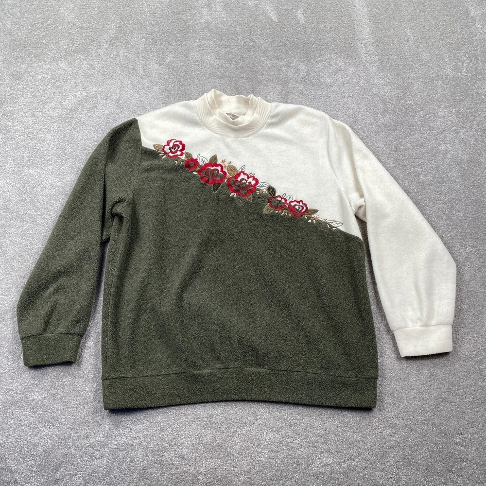 Tanjay Women's Embroidered Flower Colorblock Pullover Sweater Size M Ivory Olive